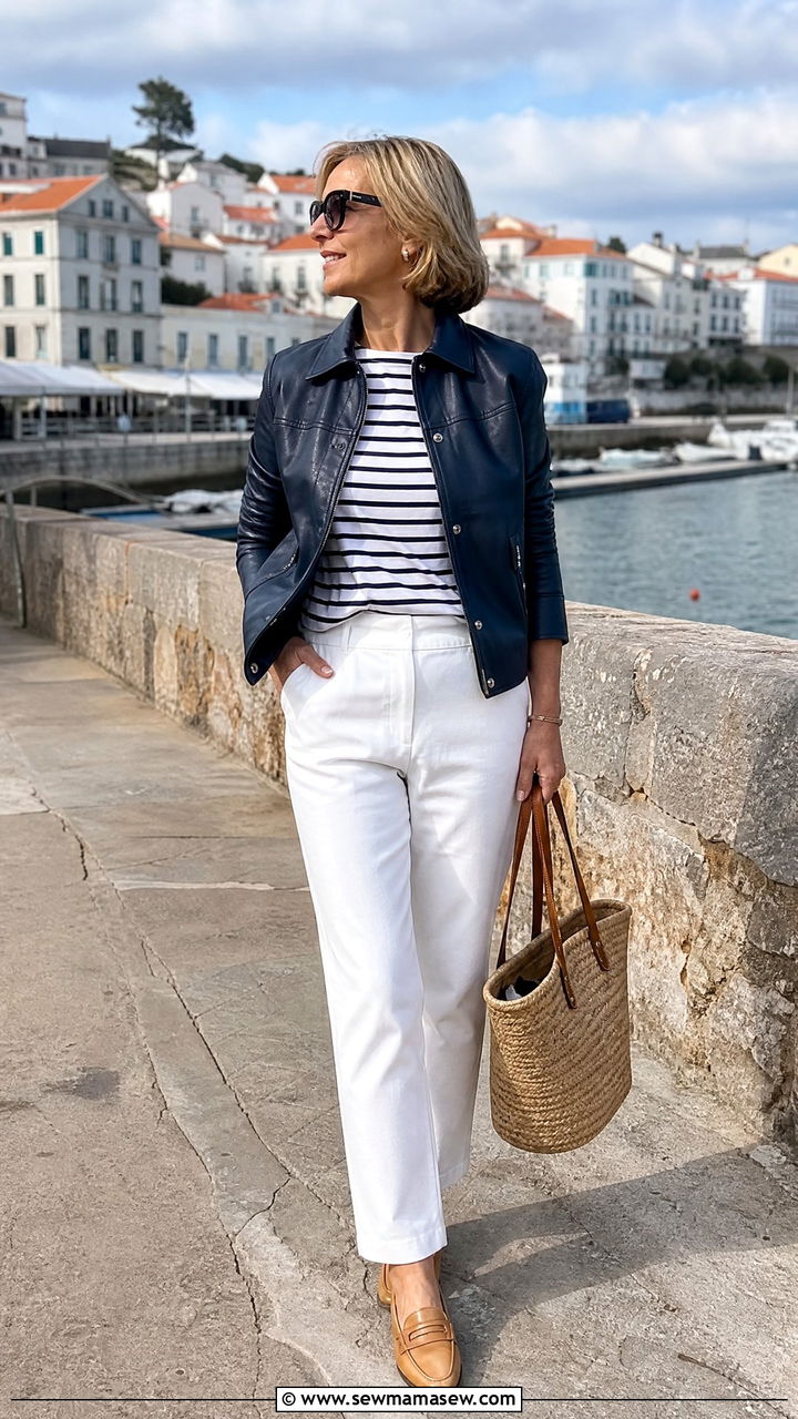 Navy Leather Jacket with Striped Top and White Trousers - 30 leather jacket outfits for women over 40