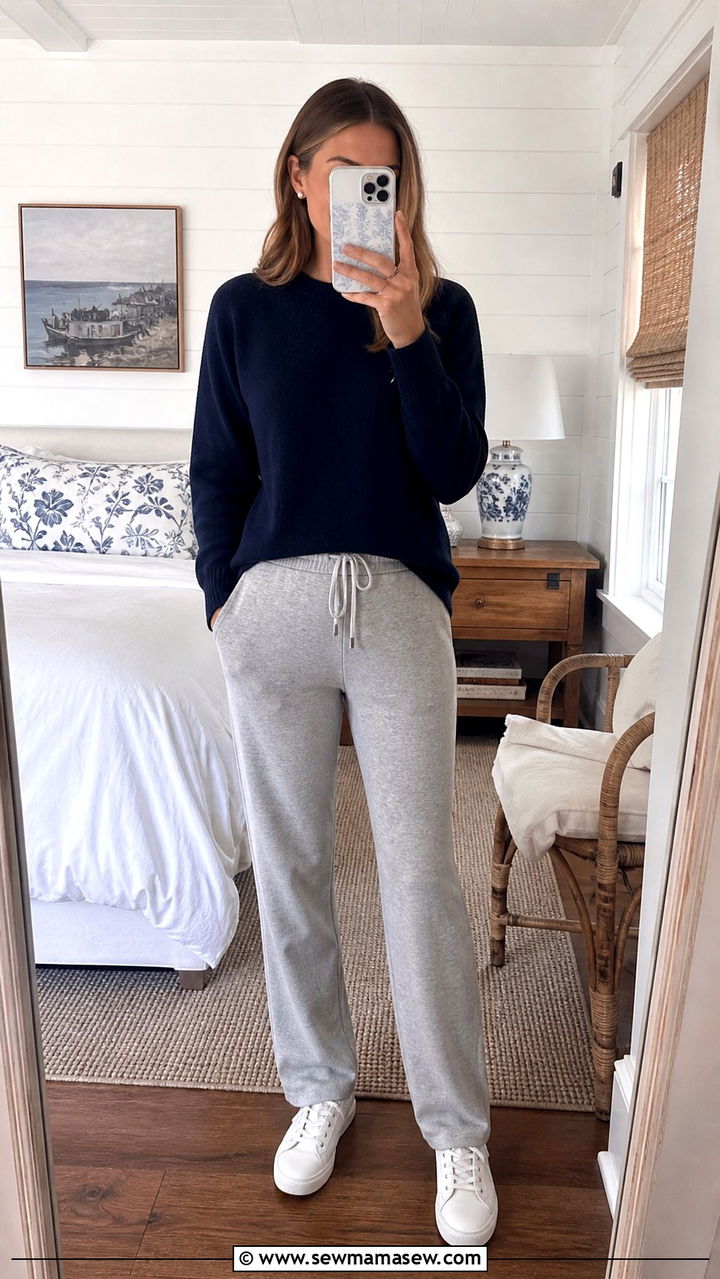 Navy Lightweight Cashmere Crewneck And Gray Joggers - 20 Old money loungewear outfit ideas