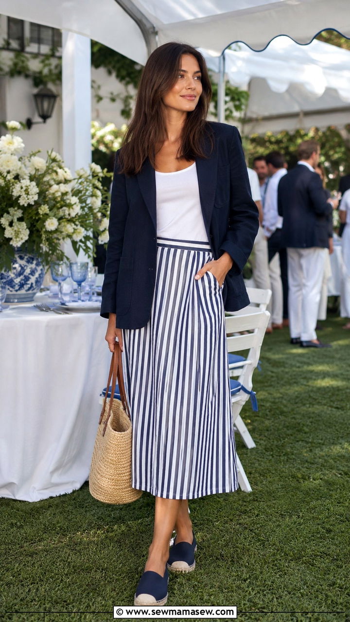 Navy Linen Blazer Striped Midi Skirt Hamptons Outfit - 30 Old money outfit ideas for the Hamptons