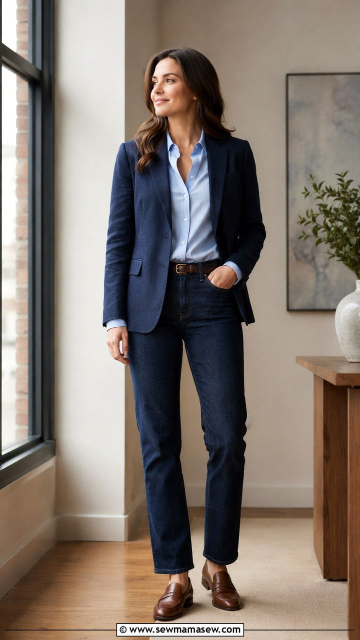 Navy Linen Blazer With Button Down Shirt And Jeans - 30 Linen blazer outfit ideas with jeans
