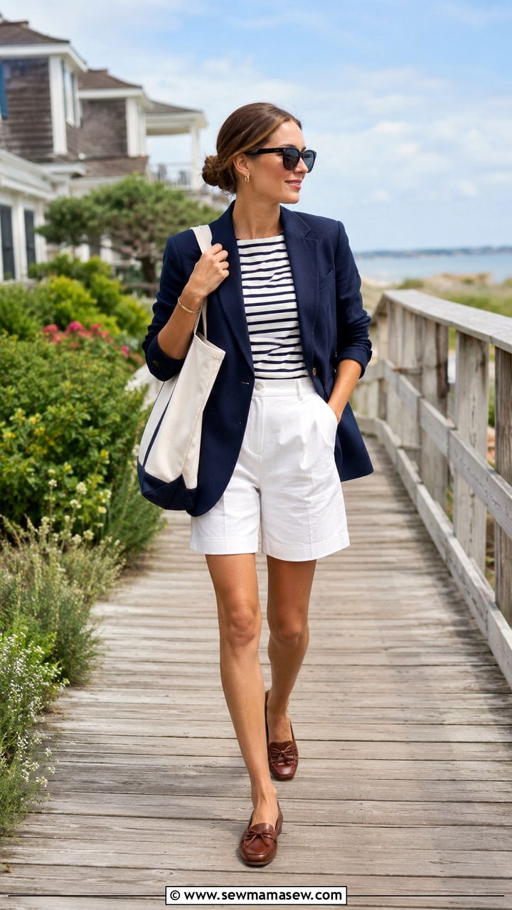 Navy Linen Blazer With Striped Tee and White Bermuda Shorts - 30 Linen blazer outfit ideas with loafers