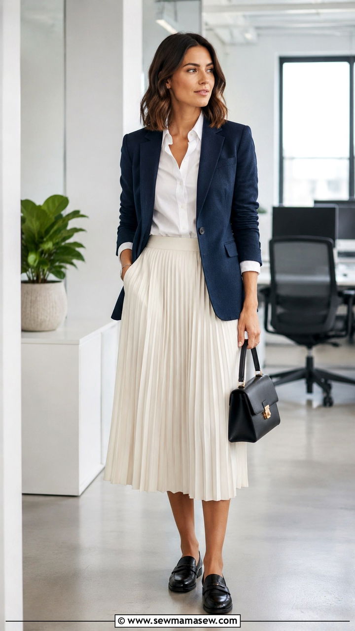 Navy Linen Blazer With White Shirt and Pleated Midi Skirt - 30 Linen blazer outfit ideas with loafers