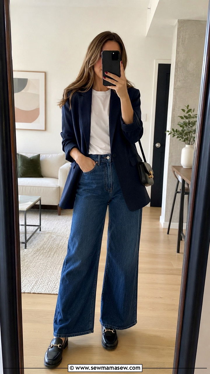 Navy Linen Blazer With White Tee and High Waisted Wide Leg Jeans - 30 Linen blazer outfit ideas with loafers