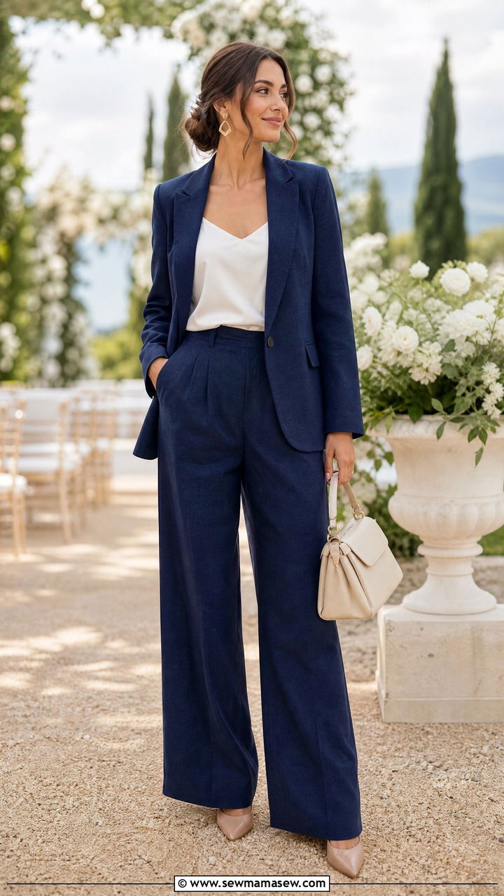 Navy Linen Blazer with Matching Wide Leg Trousers - 30 summer navy outfit ideas
