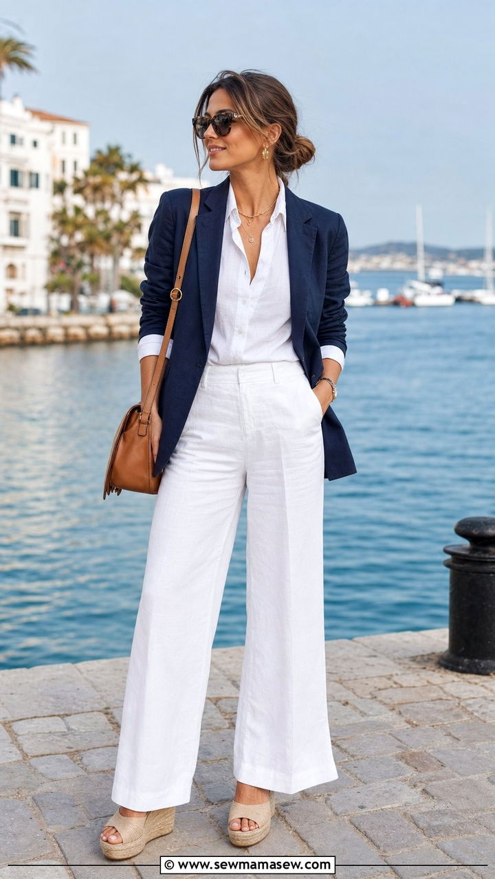 Navy Linen Blazer with White Wide Leg Pants - 25 summer linen blazer outfit ideas