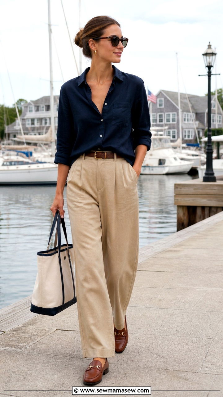 Navy Linen Button Down with Khaki Wide Leg Trousers Outfit - 40 coastal grandmother outfits