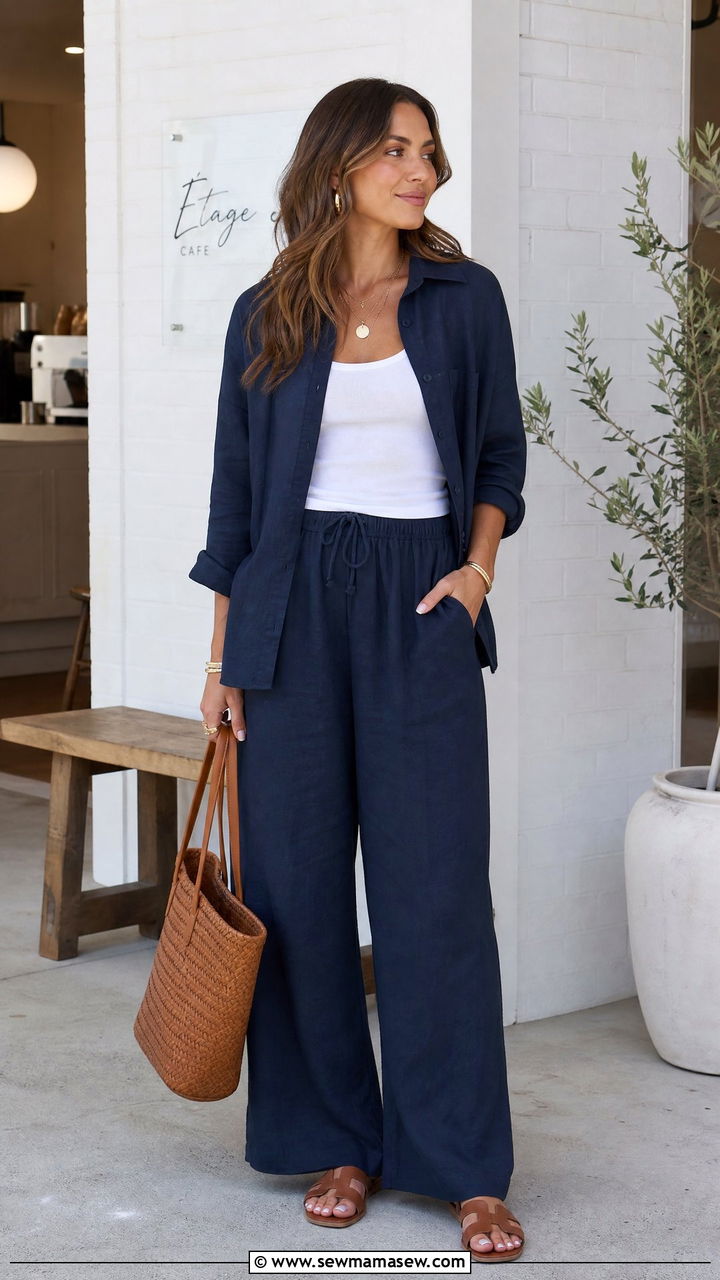 Navy Linen Button Up with Navy Wide Leg Pants - 30 summer navy outfit ideas
