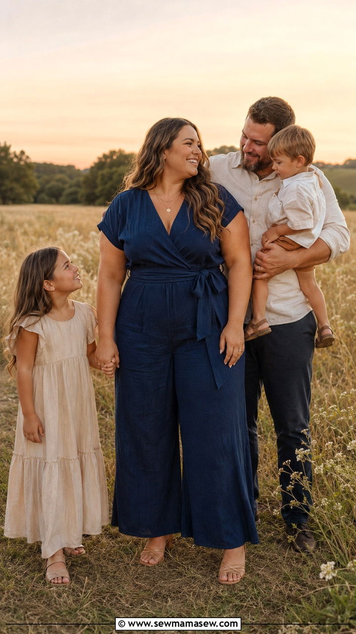 Navy Linen Jumpsuit With Gold Accessories - 30 Plus size outfit ideas for family photos