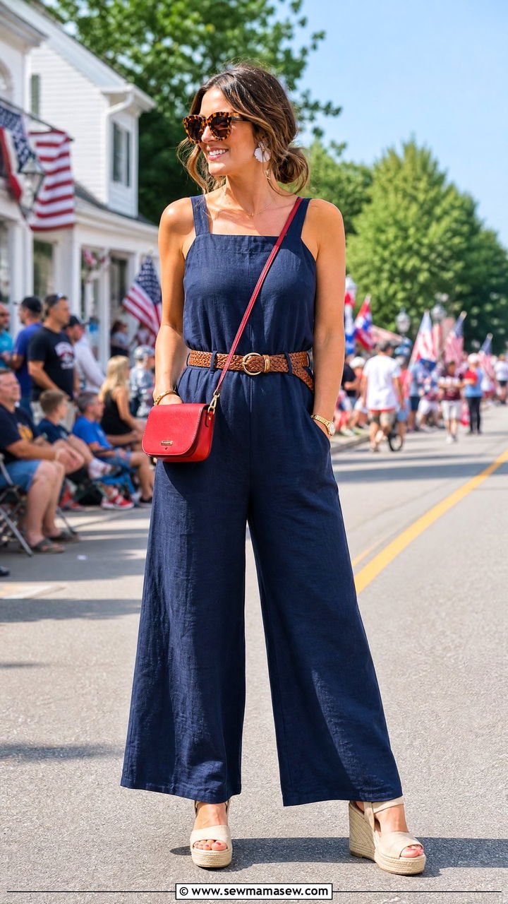 Navy Linen Jumpsuit with Espadrille Wedges - 35 Memorial Day weekend outfit ideas
