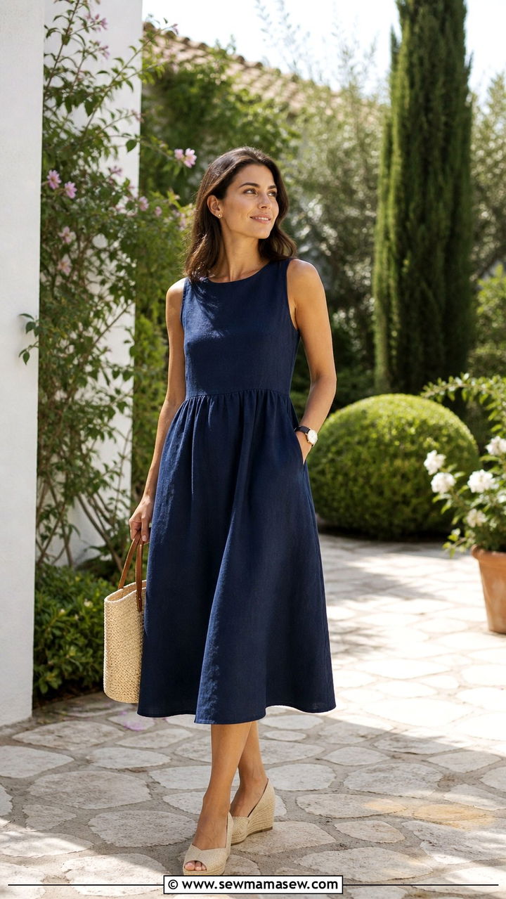 Navy Linen Midi Dress and Espadrille Wedges - 40 summer minimalist outfits