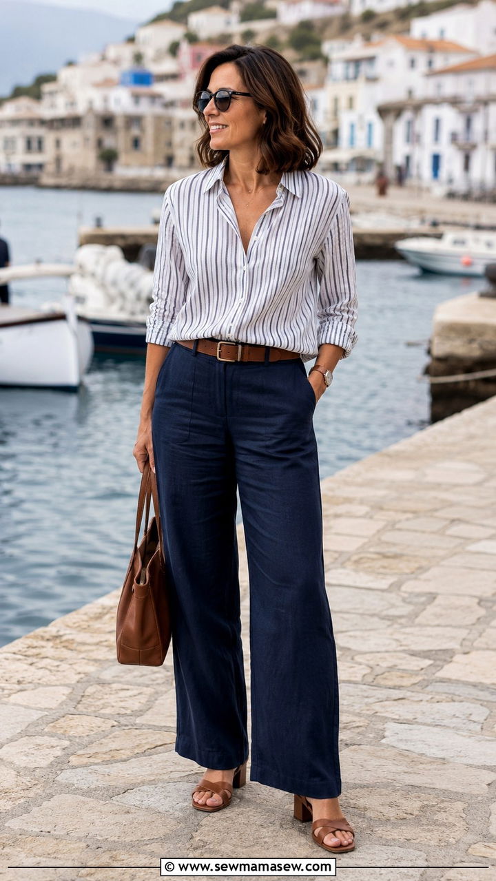 Navy Linen Pants With Striped Button Down - 30 Linen pants outfit ideas for beach