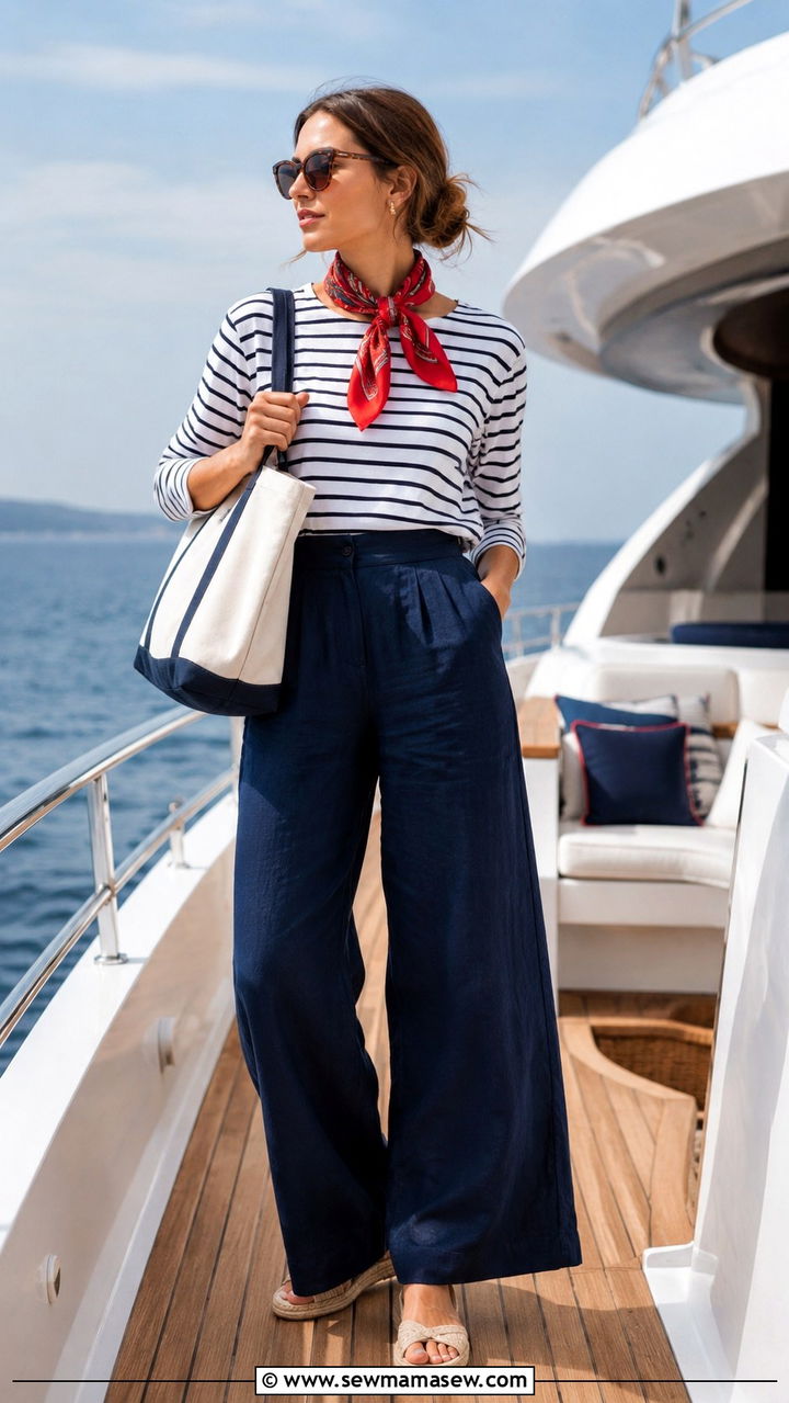 Navy Linen Pants and Striped Top Yacht Outfit - 25 Boat day outfit ideas 2026