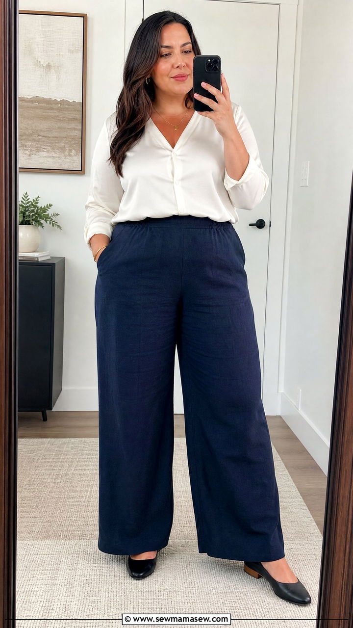 Navy Linen Pants and White Blouse - 25 Linen pants outfit ideas plus size