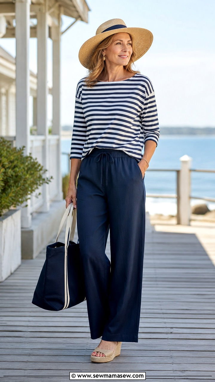 Navy Linen Pants with a Striped Boatneck Top - 30 Linen pants outfit ideas for women over 50