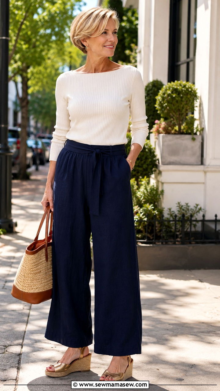 Navy Linen Trousers With a Cream Ribbed Top - 25 Outfit ideas for women over 50 casual 2026