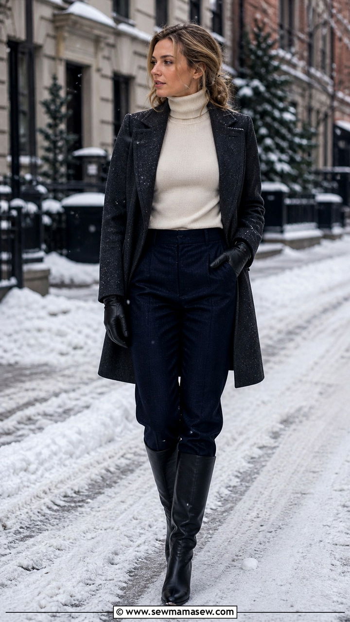 Navy Linen Trousers with a Cashmere Turtleneck and Knee High Boots - 40 linen pants outfit ideas for women