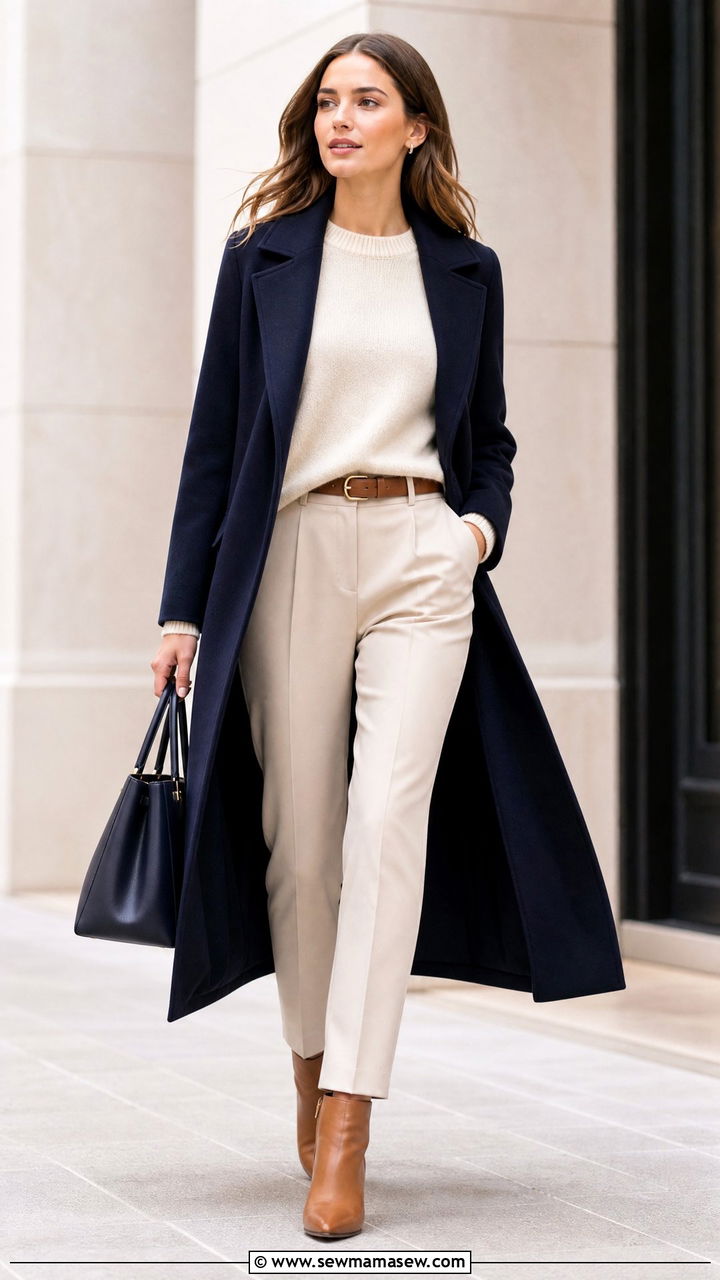 Navy Long Coat With Cream Sweater and Beige Trousers - 35 Minimalist work outfits