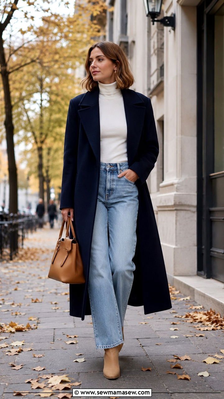 Navy Long Coat with White Turtleneck and Relaxed Denim - 30 classy scandinavian outfit ideas