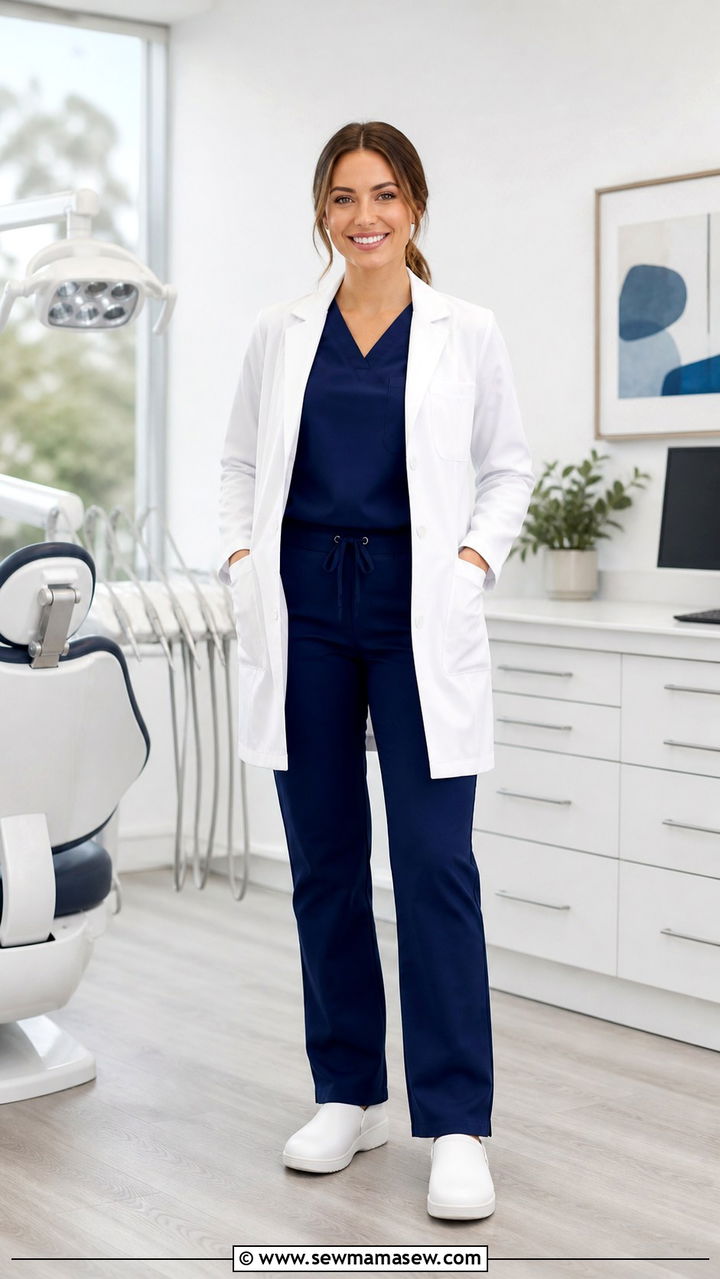Navy Matching Scrub Set With White Lab Coat - 40 Dentist outfit ideas