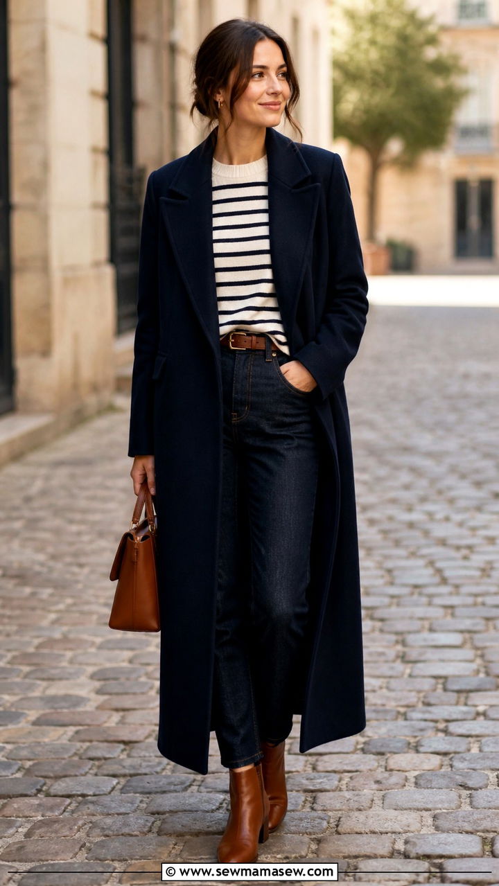 Navy Maxi Coat With Striped Sweater and Dark Jeans - 40 Maxi coat outfit ideas