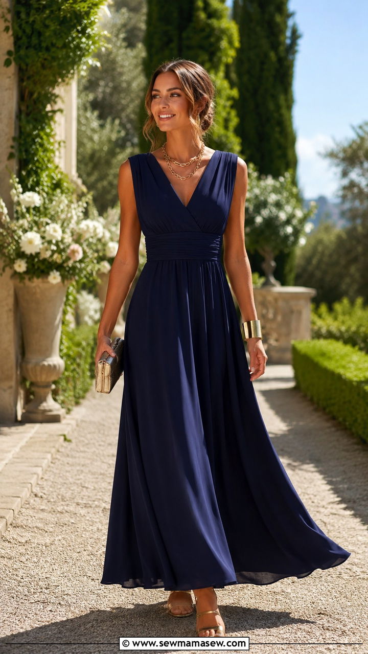 Navy Maxi Dress with Gold Jewelry and Strappy Sandals Outfit - 30 navy outfit ideas for women