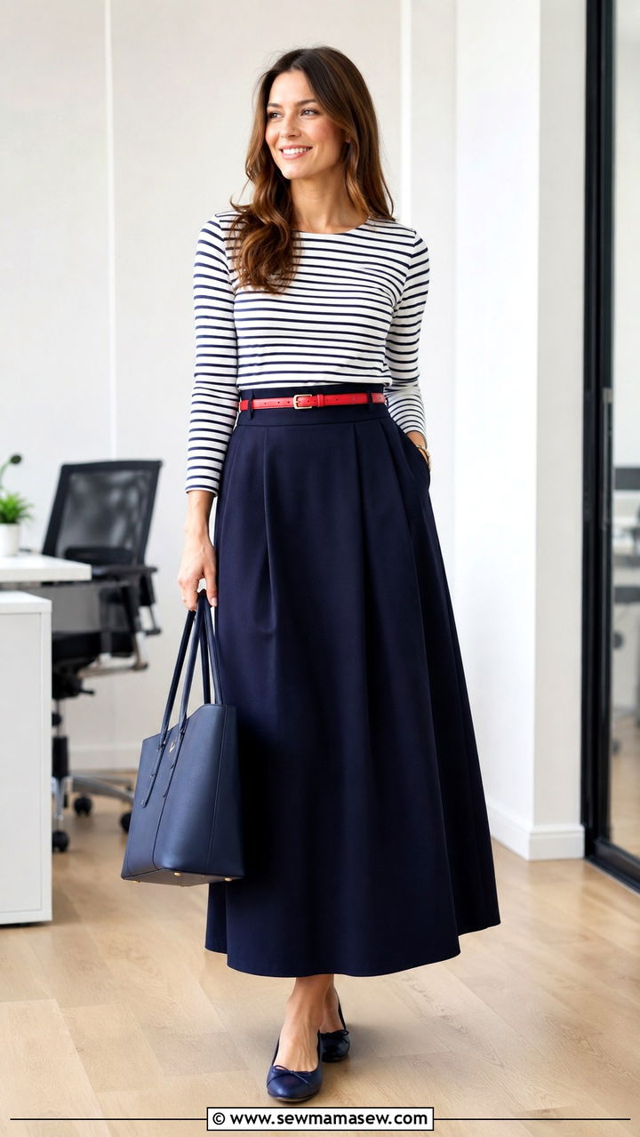 Navy Maxi Skirt With Striped Top - 30 Maxi skirt outfit ideas for work
