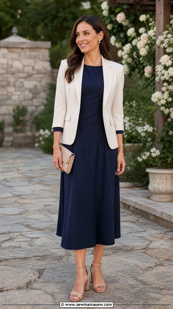 Navy Midi Dress With A Structured Blazer For Wedding Planners - 30 Event planner outfit ideas