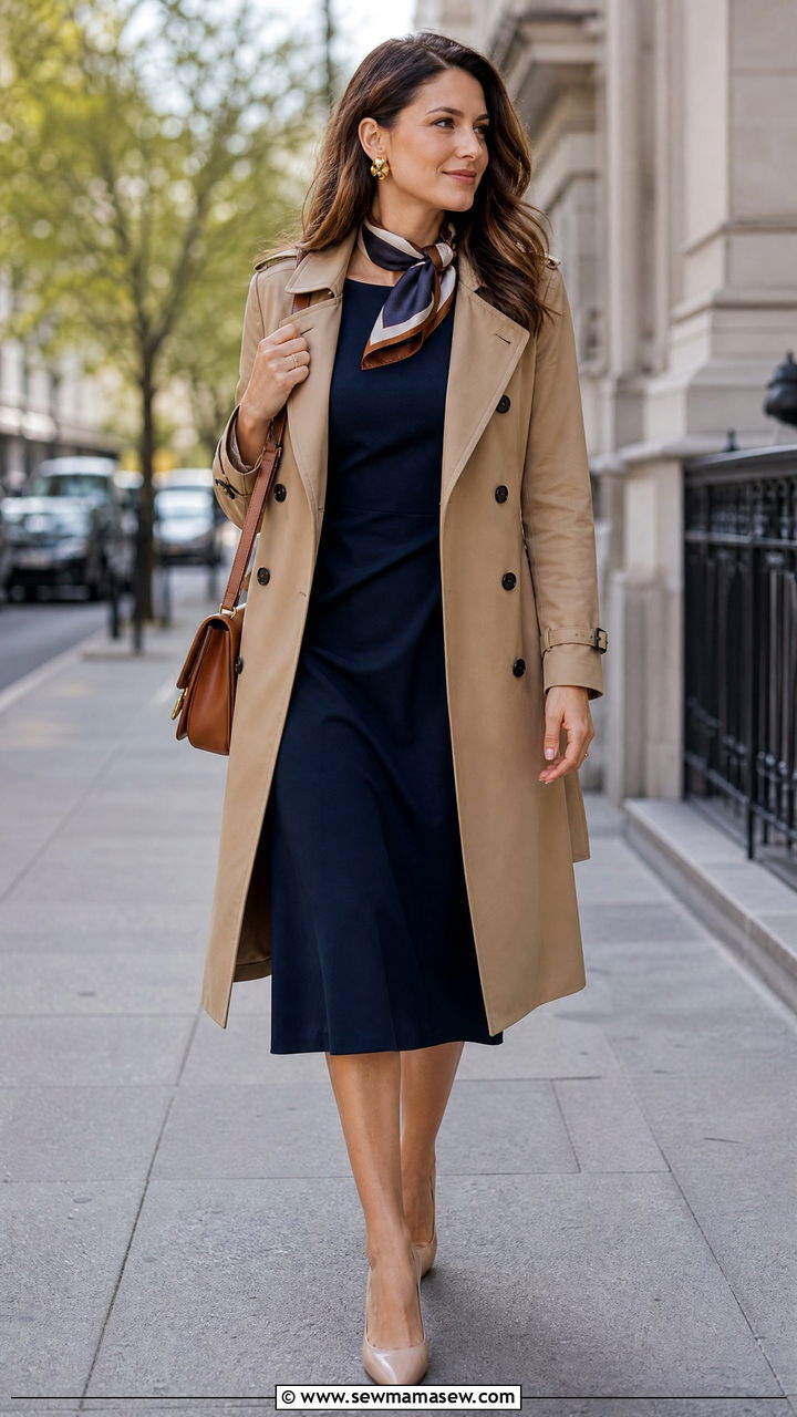 Navy Midi Dress With Camel Trench Coat - 25 Business casual outfits with midi dress