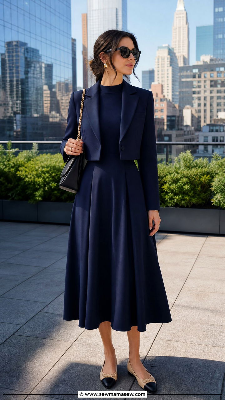 Navy Midi Dress With Cropped Blazer - 30 modest classy outfits for women