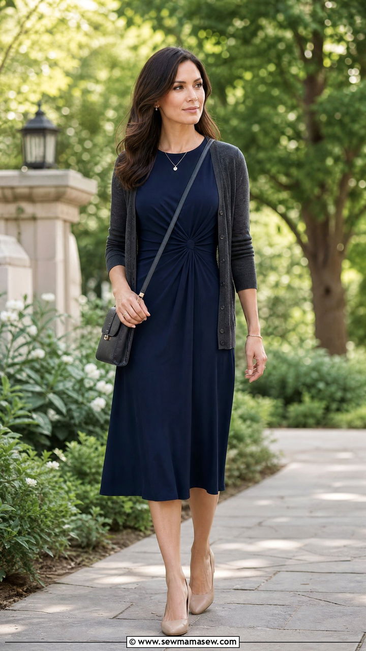 Navy Midi Dress With Sleeves - 30 Memorial service outfit ideas