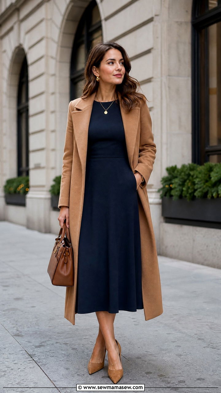 Navy Midi Dress with Camel Coat - 30 elegant outfit ideas for women