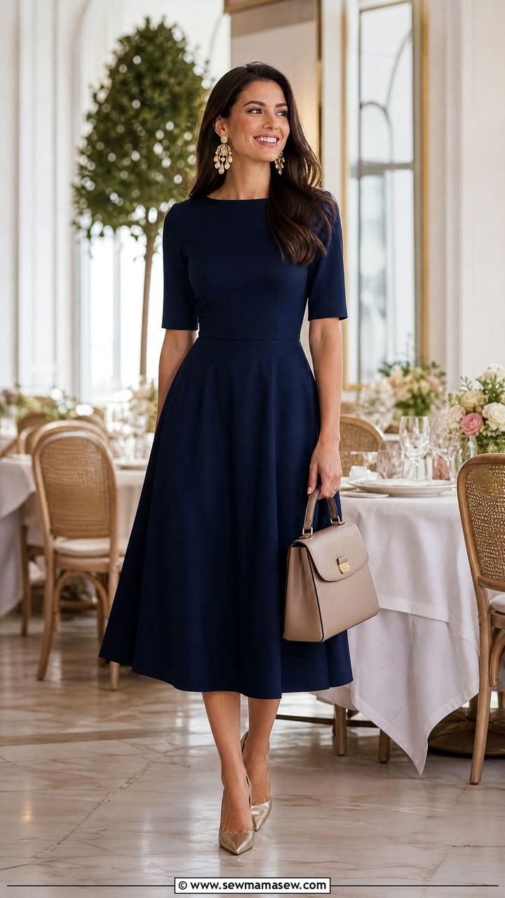 Navy Midi Dress with Gold Statement Earrings - 25 modest bridal shower outfit ideas