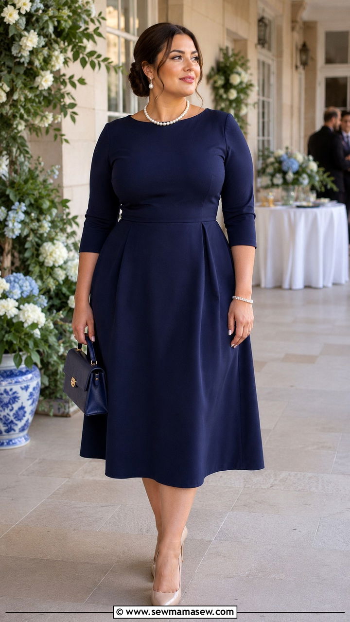Navy Midi Dress with Pearl Jewelry Outfit - 30 Old money outfits for curvy women