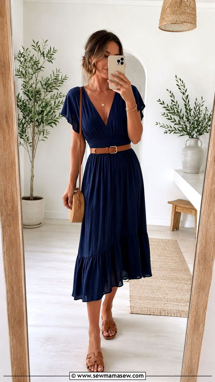 Navy Midi Dress with Tan Accessories Outfit - 30 navy outfit ideas for women