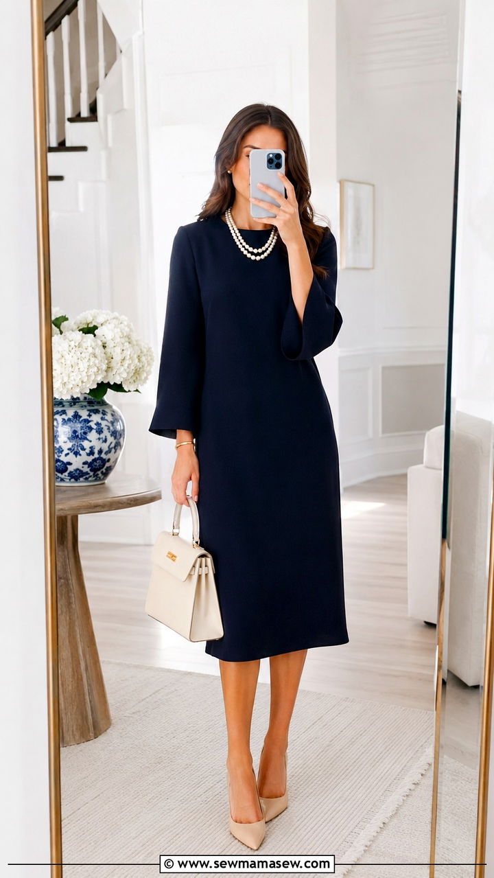 Navy Midi Shift Dress and Pearl Accents - 30 Old money capsule wardrobe