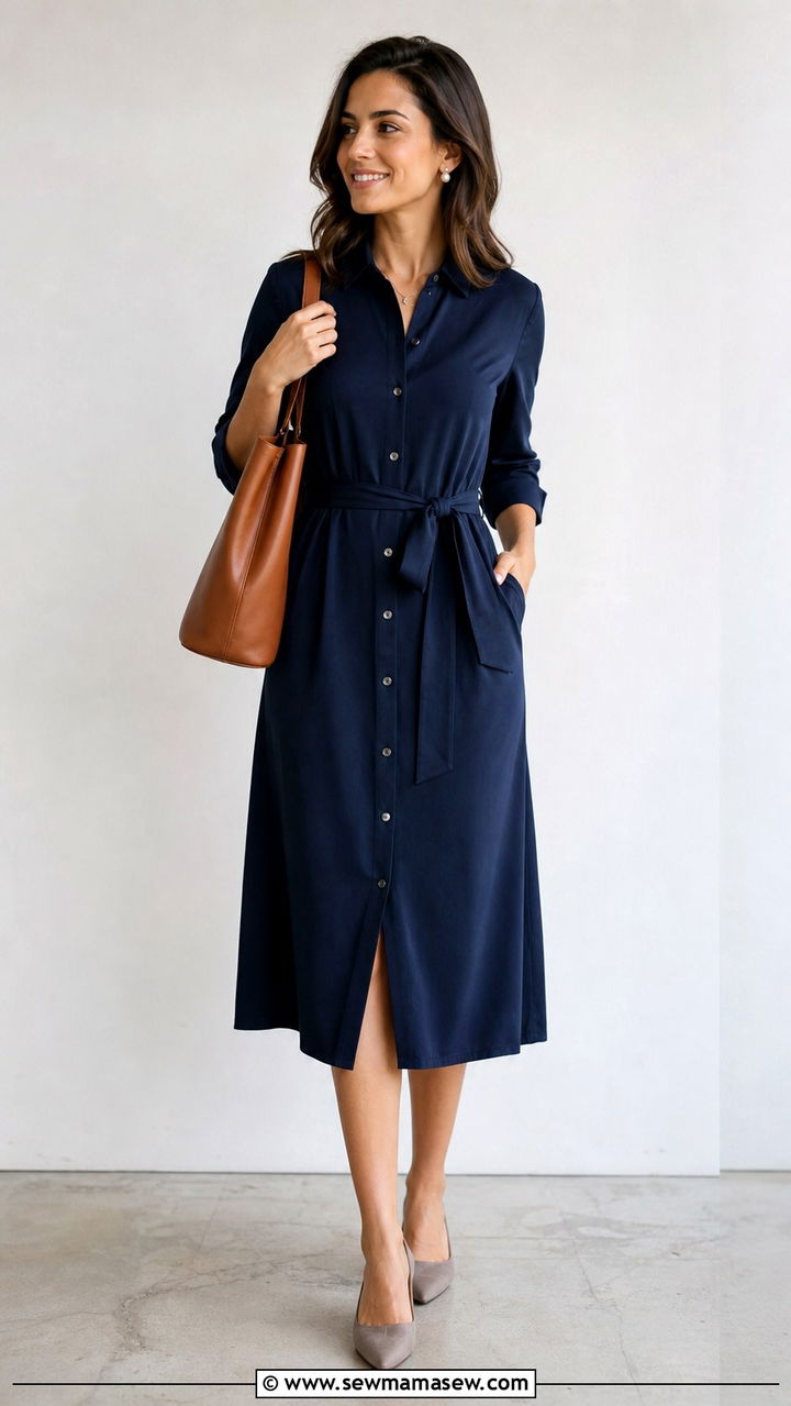 Navy Midi Shirt Dress With Pointed Flats And Tote - 40 work outfits