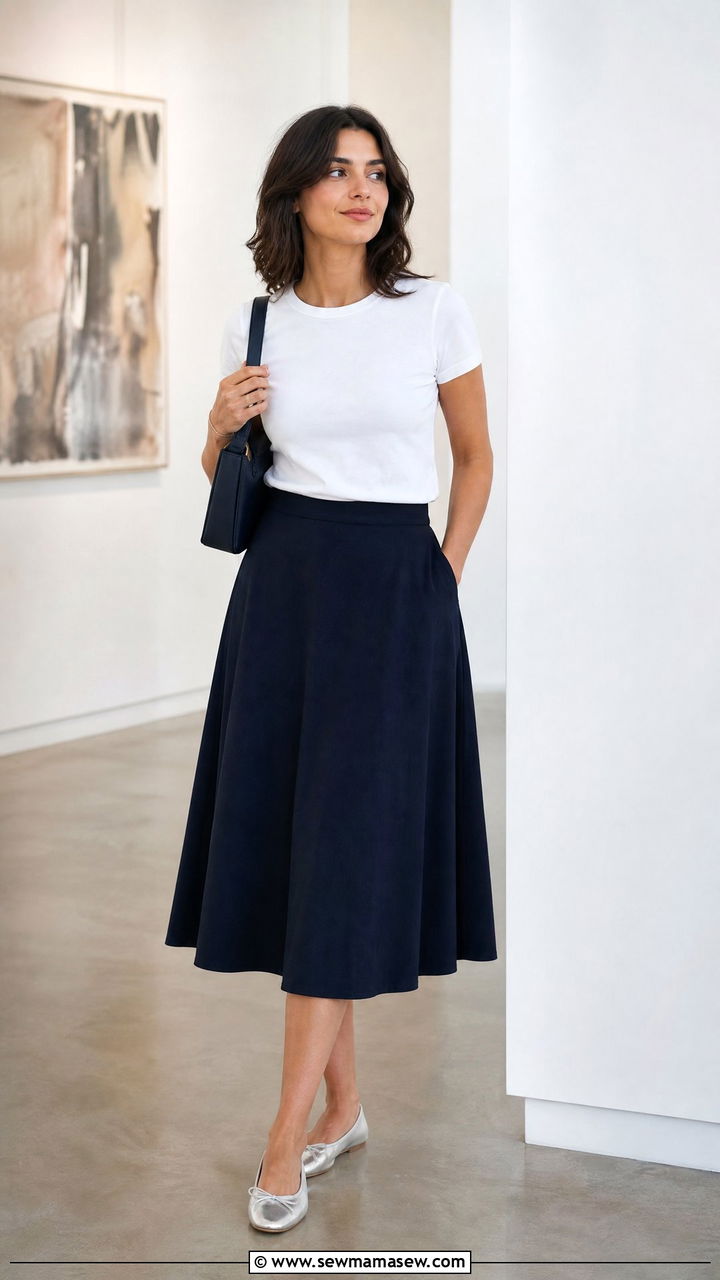 Navy Midi Skirt And White Tee Outfit - 30 Summer capsule wardrobe minimalist