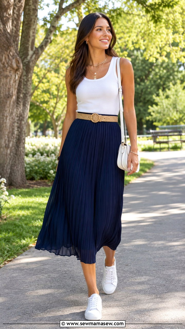 Navy Midi Skirt With White Top Outfit - 30 Navy and white outfit ideas