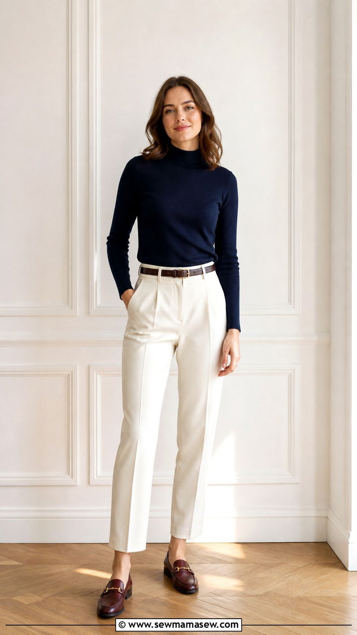 Navy Mock Neck Sweater With Cream Tailored Trousers and Loafers - 40 First day of work outfits