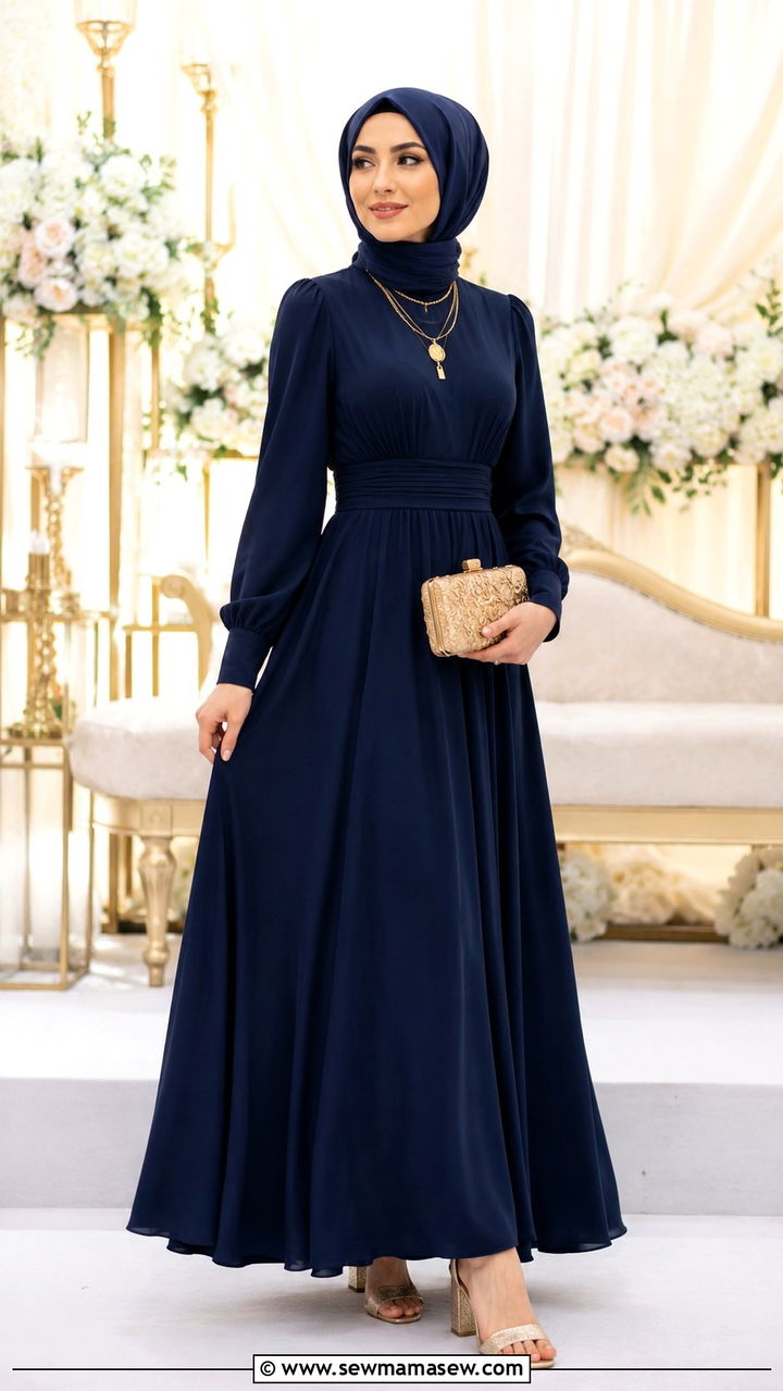 Navy Modest Maxi Dress With Gold Accessories and Block Heels - 25 Navy wedding guest dress outfit ideas