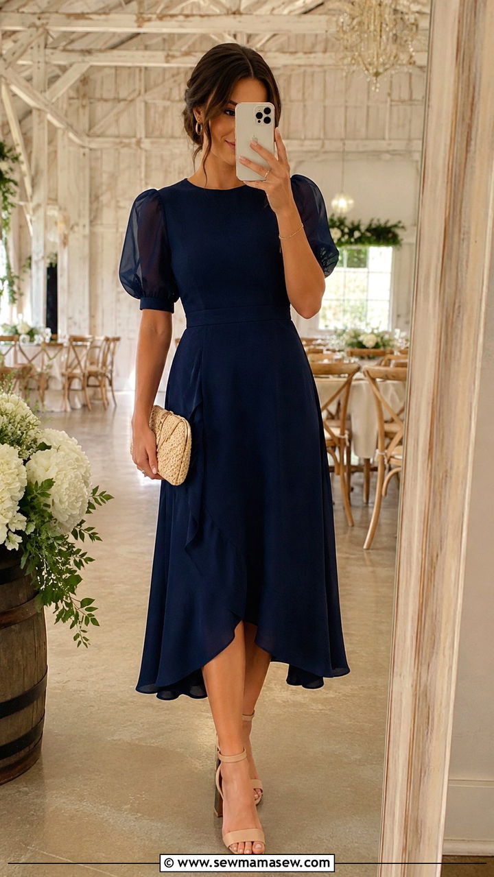 Navy Off the Shoulder Midi Dress With Strappy Sandals - 25 Navy wedding guest dress outfit ideas