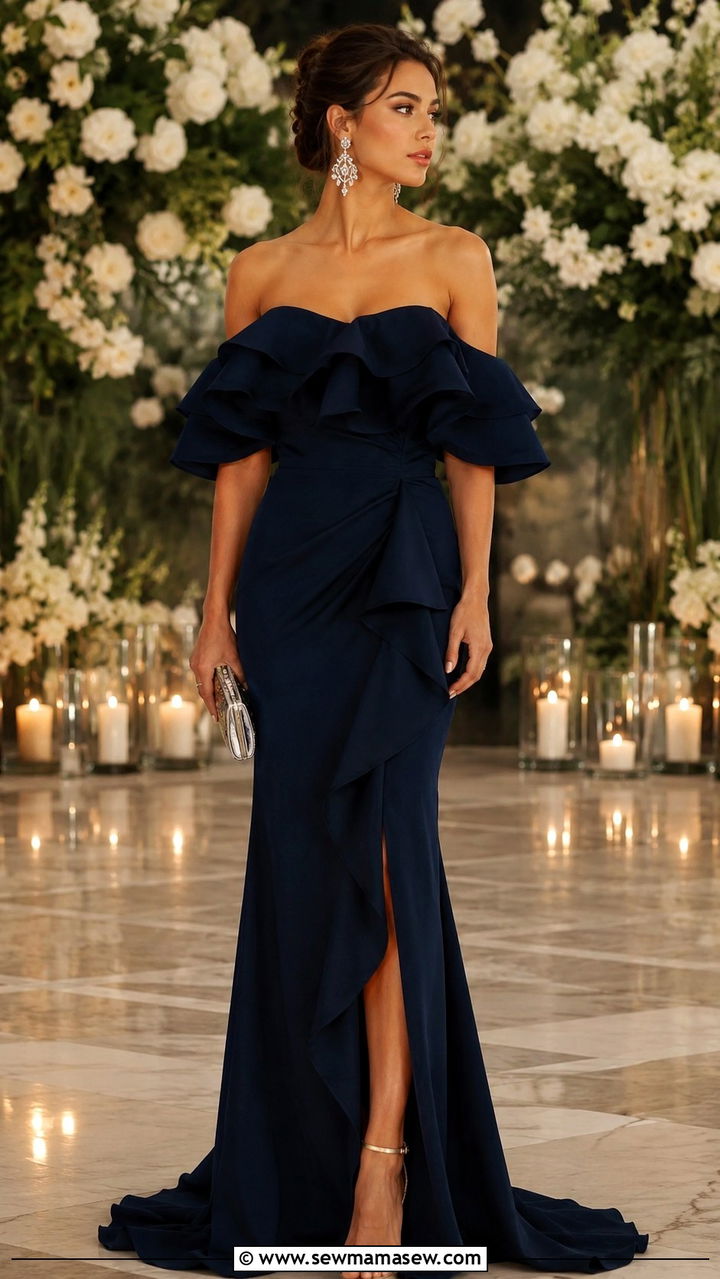 Navy Off the Shoulder Ruffled Gown With Statement Earrings - 25 Navy wedding guest dress outfit ideas