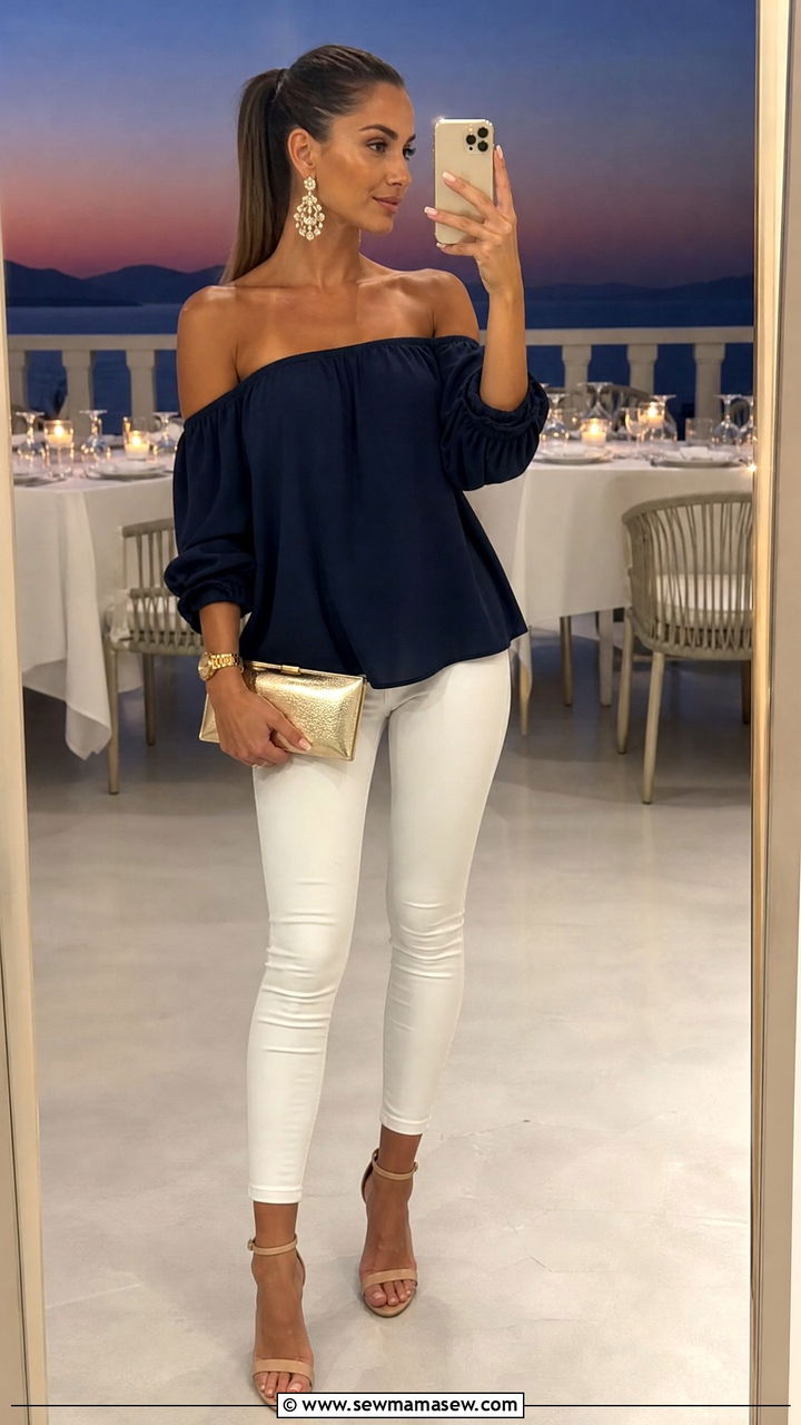 Navy Off the Shoulder Top with White Skinny Jeans - 30 summer navy outfit ideas