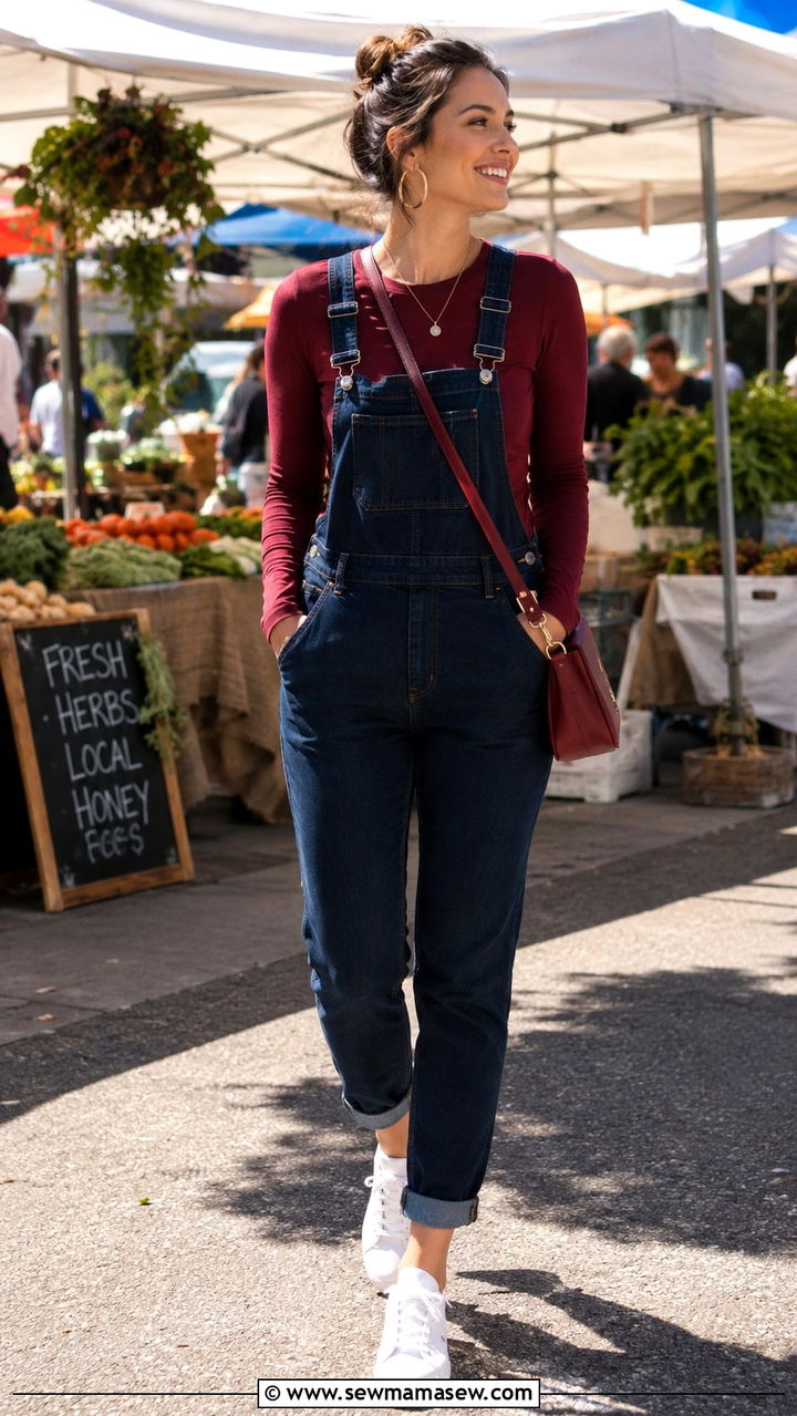 Navy Overalls with Burgundy Long Sleeve Tee - 25 Navy and burgundy outfit ideas