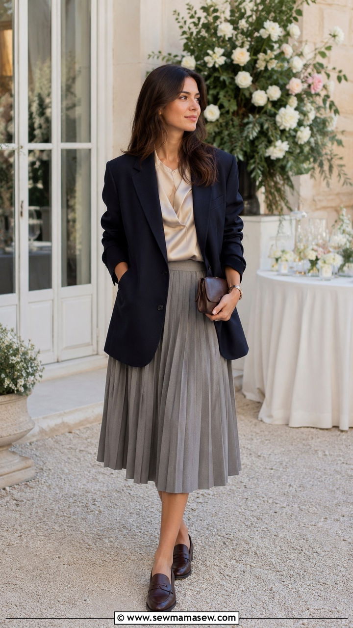 Navy Oversized Blazer With Pleated Midi Skirt And Silk Blouse - 30 Oversized blazer outfit ideas with loafers