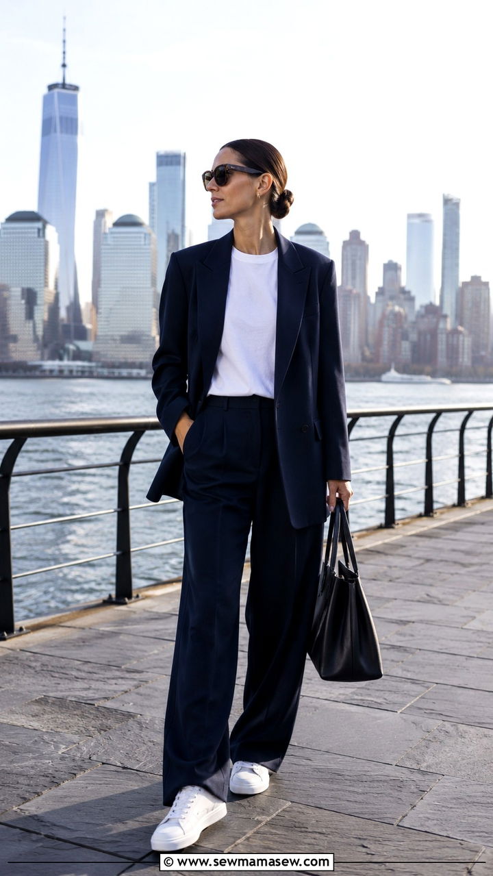 Navy Oversized Blazer With Tailored Trousers And Sneakers - 30 Oversized blazer outfit ideas with sneakers