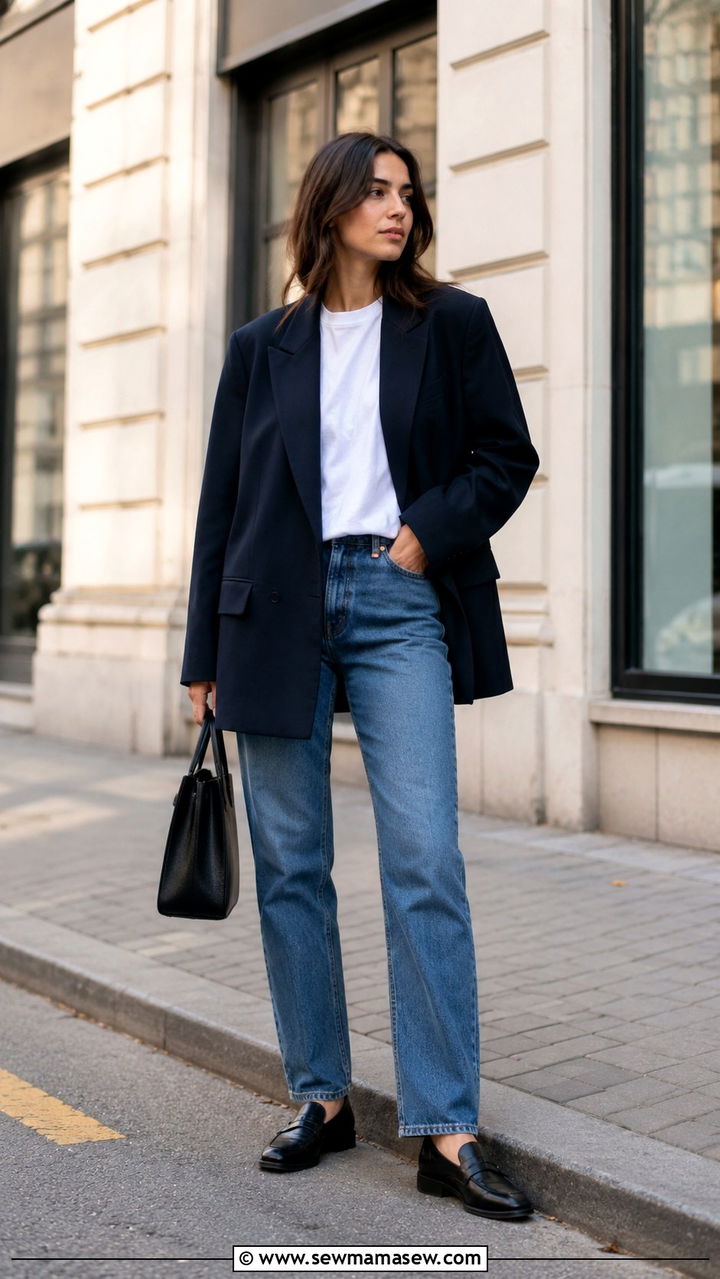 Navy Oversized Blazer With White Tee And Straight Leg Jeans - 30 Oversized blazer outfit ideas with loafers