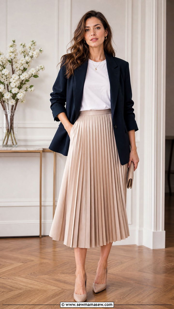 Navy Oversized Blazer With White Tee and Pleated Midi Skirt - 30 Oversized blazer outfit ideas with a t-shirt