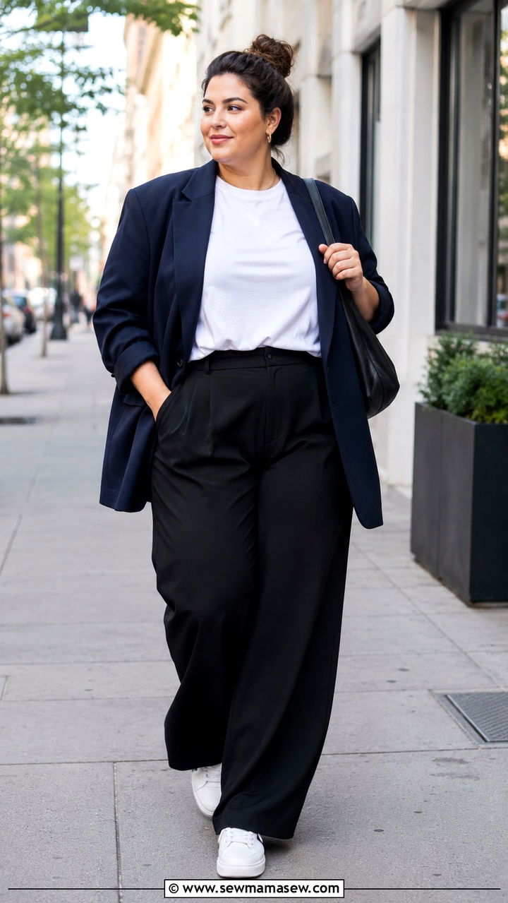 Navy Oversized Blazer With Wide Leg Black Trousers - 25 Plus size work outfit ideas 2026