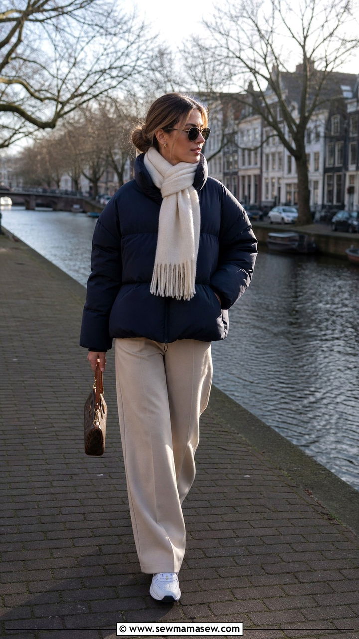Navy Oversized Puffer With Wide Leg Beige Trousers - 40 What to wear in Amsterdam